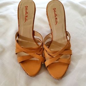 Gabrielle Rocha size 8 tan leather straps with beaded cork heels.
